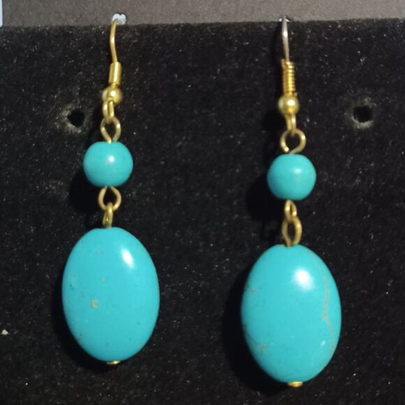 Turquoise Oval Drop Earrings w/ Gold-Toned Hooks - Picture 1 of 1